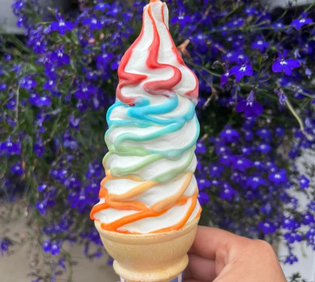 Chocolate-frosted waffle cone with soft serve at Lewis Farms